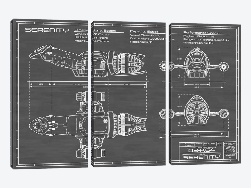 Serenity Firefly Spaceship | Black by Action Blueprints 3-piece Canvas Print
