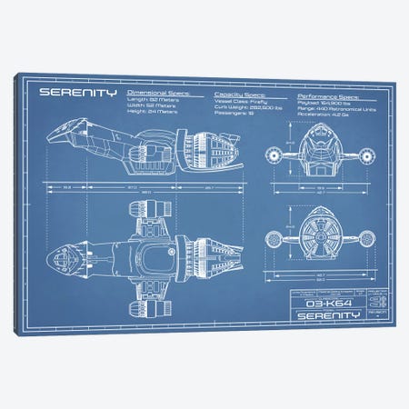 Serenity Firefly Spaceship Blueprint Canvas Print #ABP56} by Action Blueprints Canvas Wall Art