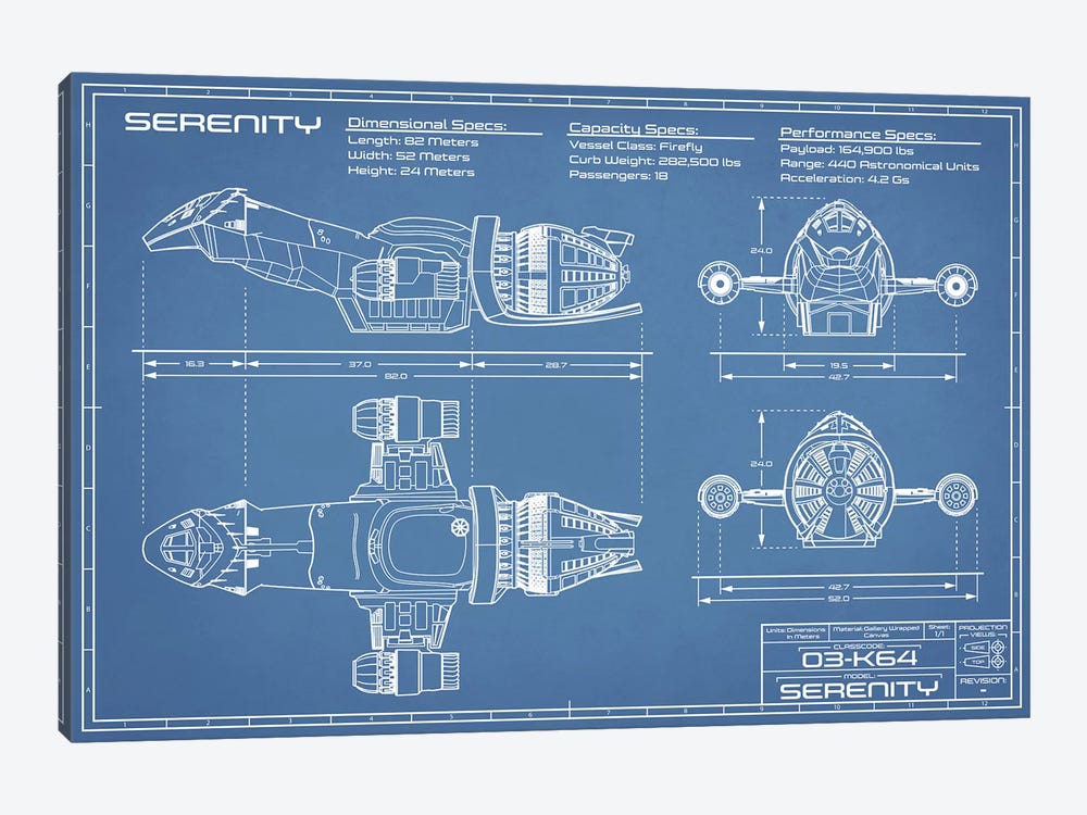Serenity Firefly Spaceship Blueprint by Action Blueprints 1-piece Canvas Art