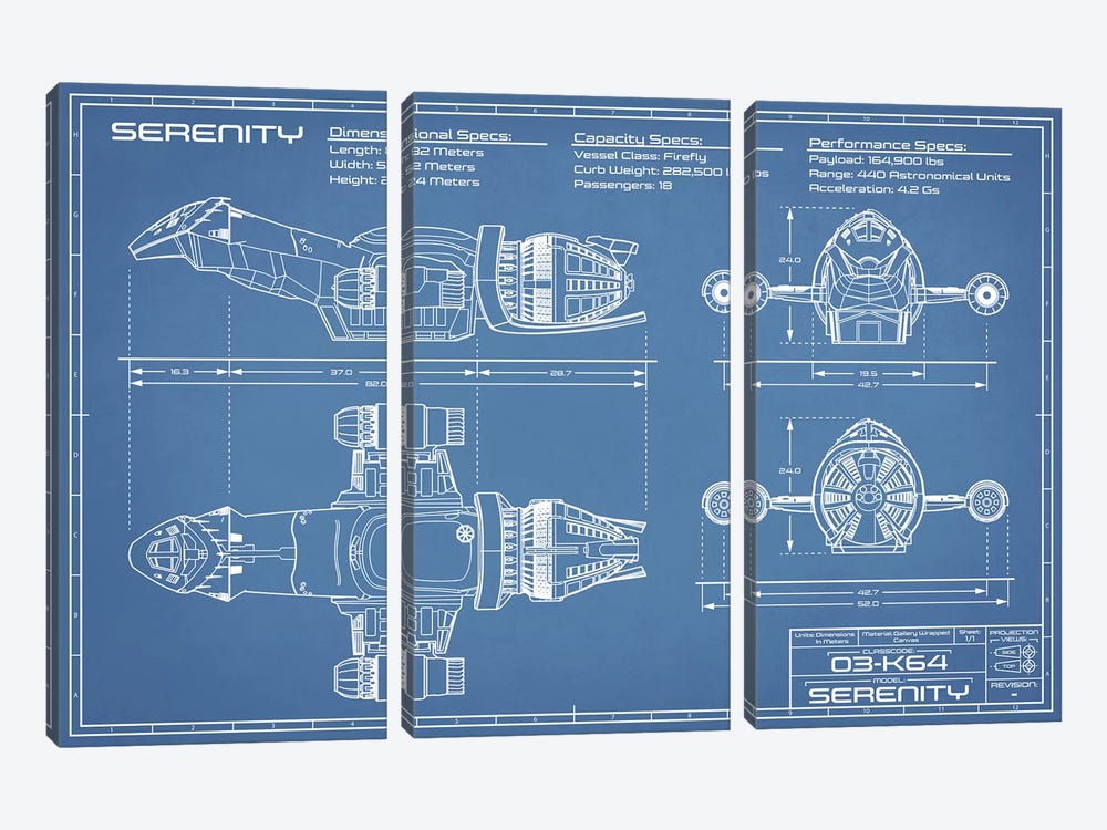 Serenity Firefly Spaceship Blueprint by Action Blueprints 3-piece Canvas Art