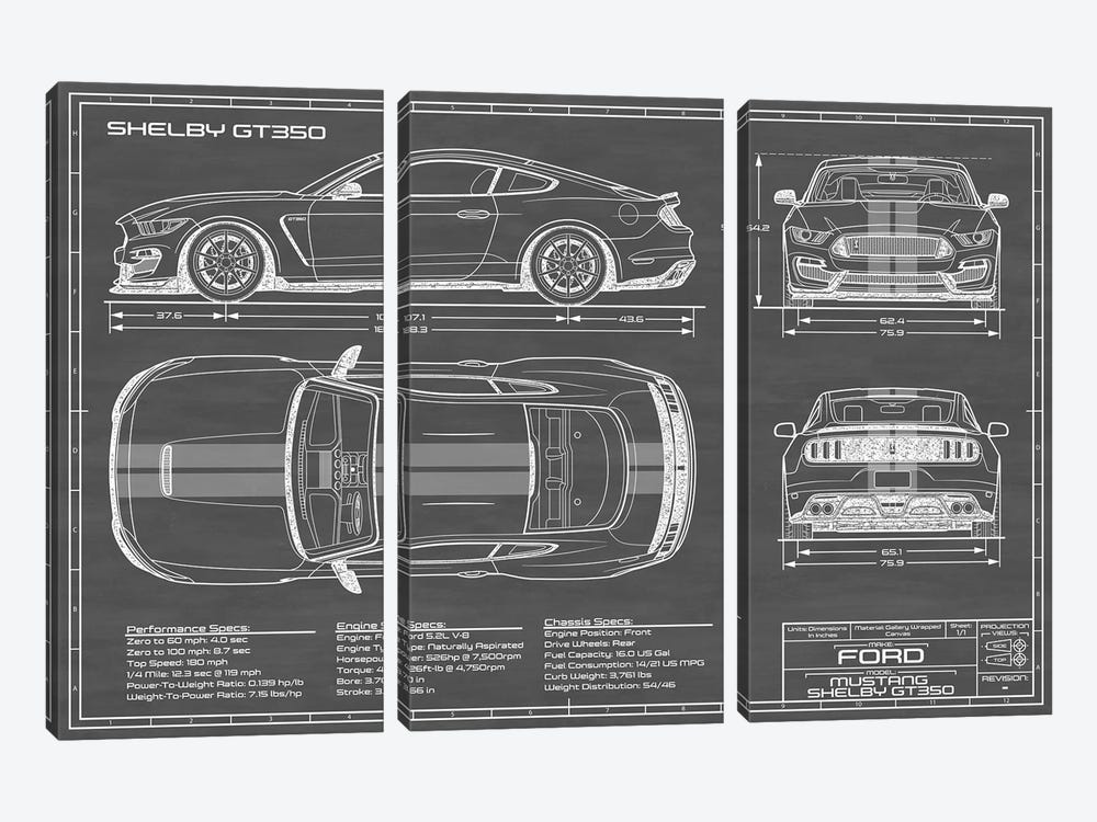 Shelby GT350 (2015-2019) Black by Action Blueprints 3-piece Canvas Art Print