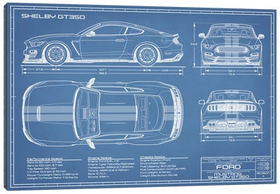 Shelby GT350 (2015-2019) Blueprint Canvas Art Print - Automobile Art