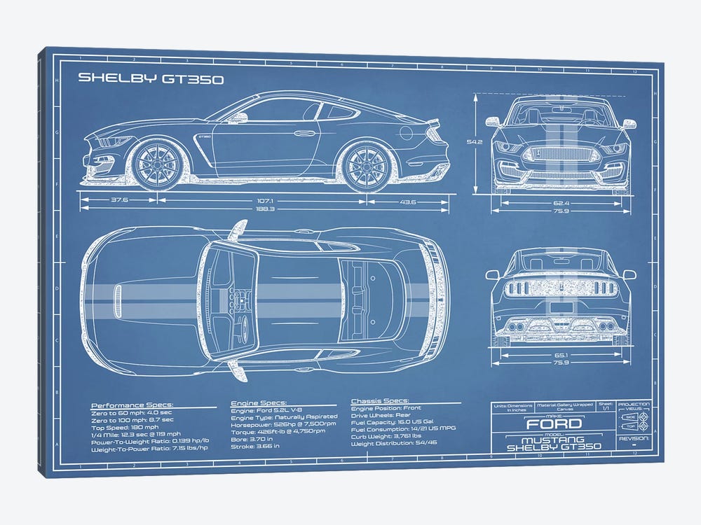 Shelby GT350 (2015-2019) Blueprint by Action Blueprints 1-piece Canvas Artwork