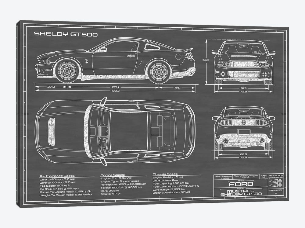 Shelby GT500 (2013-2014) Black by Action Blueprints 1-piece Canvas Art Print