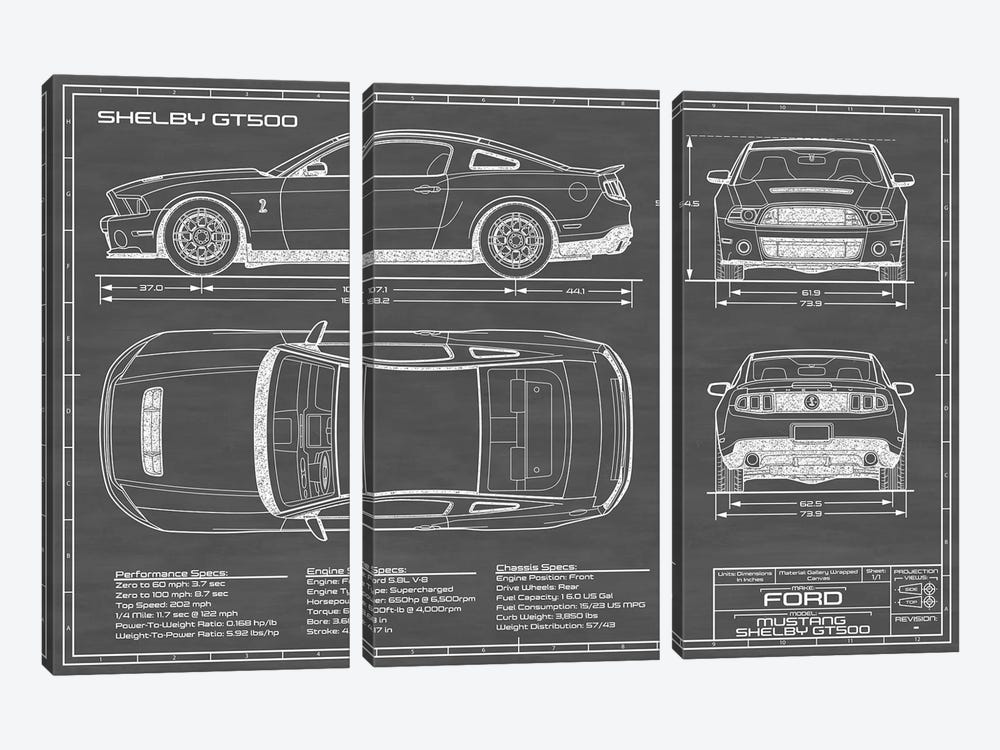 Shelby GT500 (2013-2014) Black by Action Blueprints 3-piece Canvas Print