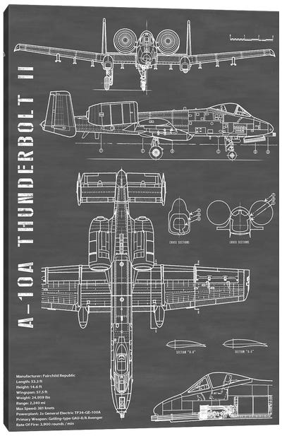 A-10 Thunderbolt II [Warthog] Airplane | Black - Portrait Canvas Art Print - Aviation Blueprints