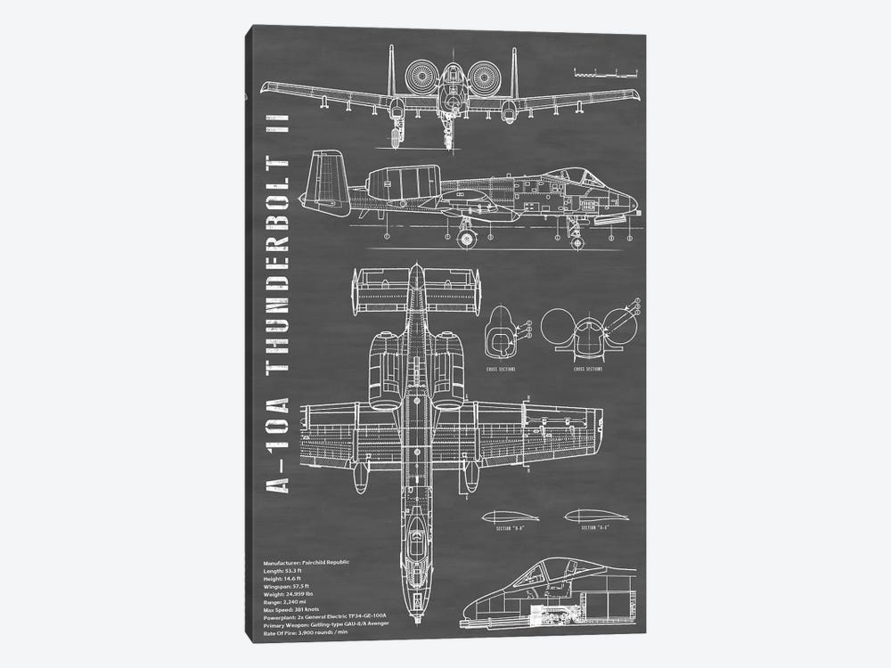 A-10 Thunderbolt II [Warthog] Airplane | Black - Portrait by Action Blueprints 1-piece Art Print