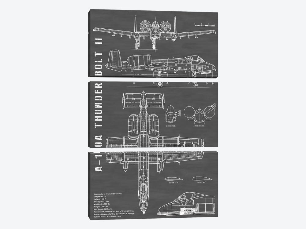 A-10 Thunderbolt II [Warthog] Airplane | Black - Portrait by Action Blueprints 3-piece Canvas Art Print