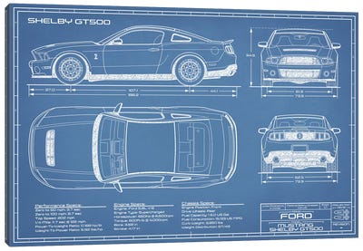 Shelby GT500 (2013-2014) Blueprint Canvas Art Print - By Land