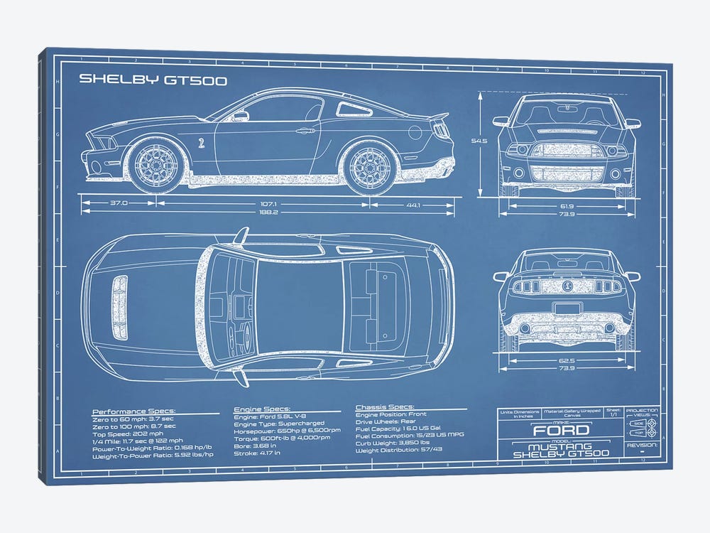Shelby GT500 (2013-2014) Blueprint by Action Blueprints 1-piece Canvas Print