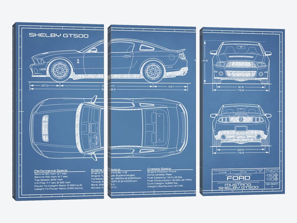 Shelby GT500 (2013-2014) Blueprint by Action Blueprints 3-piece Canvas Art Print