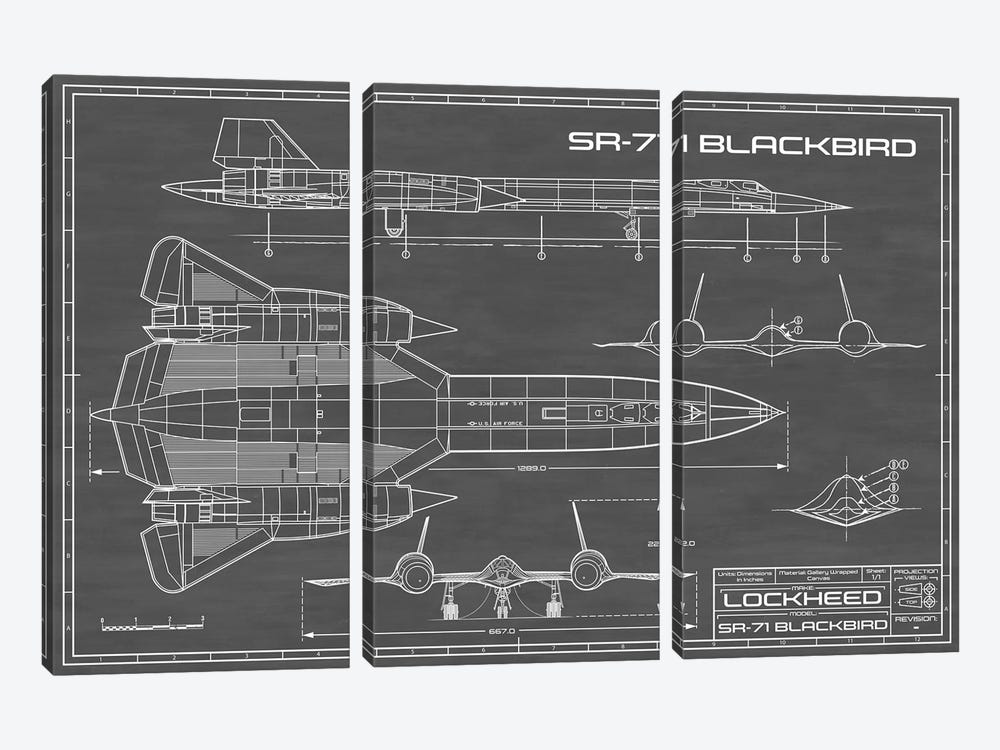 SR-71 Blackbird Spy Plane | Black by Action Blueprints 3-piece Canvas Art