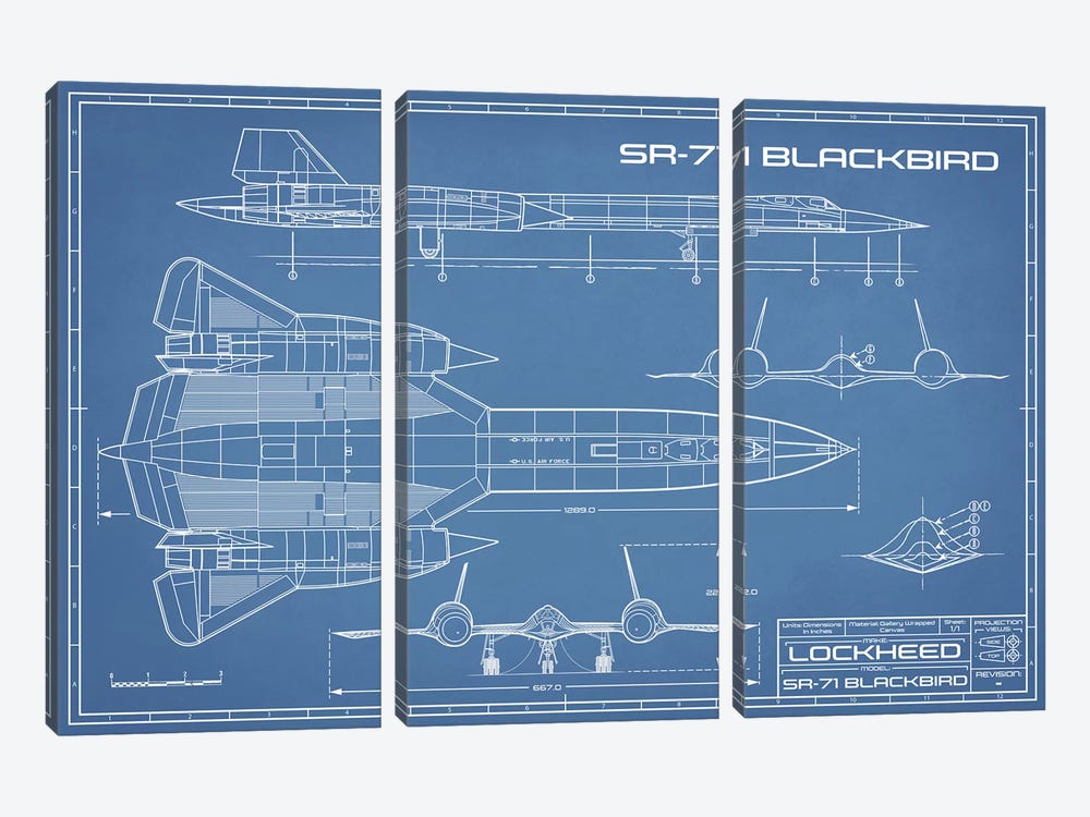 SR-71 Blackbird Spy Plane Blueprint by Action Blueprints 3-piece Canvas Art Print