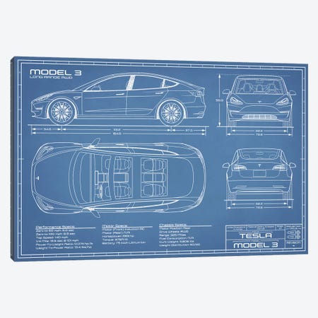 Tesla Model 3 (Long Range RWD) Blueprint Canvas Print #ABP63} by Action Blueprints Canvas Art