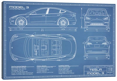 Tesla Model 3 (Long Range RWD) Blueprint Canvas Art Print