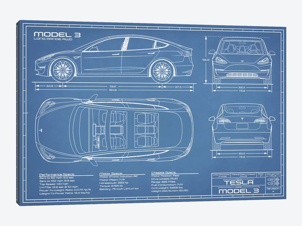 Tesla Model 3 (Long Range RWD) Blueprint by Action Blueprints 1-piece Canvas Wall Art