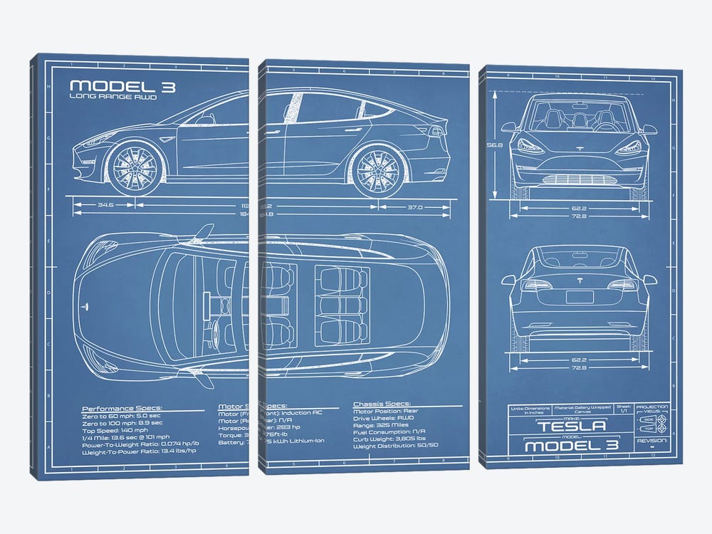 Tesla Model 3 (Long Range RWD) Blueprint by Action Blueprints 3-piece Canvas Art