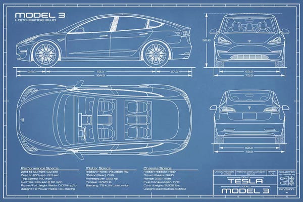 Automobile Blueprints: Tesla Model 3 (Long Range RWD) Blueprint by Action Blueprints