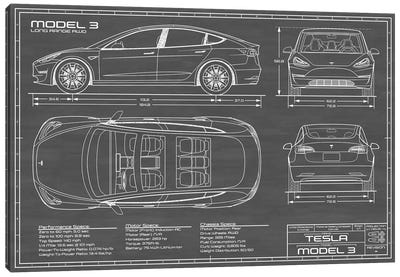 Tesla Model 3 (Long Range RWD) Blueprint Canvas Art Print - By Land