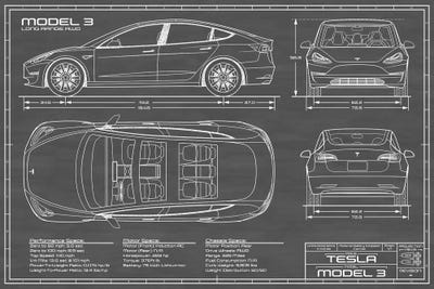 Tesla Model 3 (Long Range RWD) Blueprint C... | Action Blueprints | iCanvas