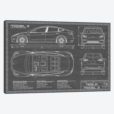 Tesla Model 3 (Long Range RWD) Blueprint Canvas Print #ABP64} by Action Blueprints Art Print
