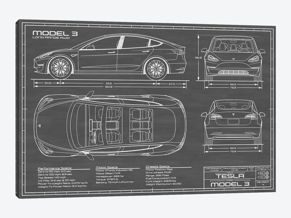 Tesla Model 3 (Long Range RWD) Blueprint by Action Blueprints 1-piece Canvas Art Print