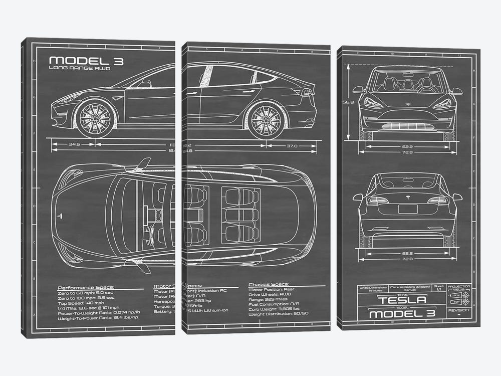Tesla Model 3 (Long Range RWD) Blueprint by Action Blueprints 3-piece Art Print