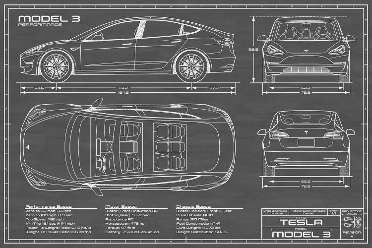 Tesla Model 3 (Performance) | Bl - Canvas Wall Art | Action Blueprints