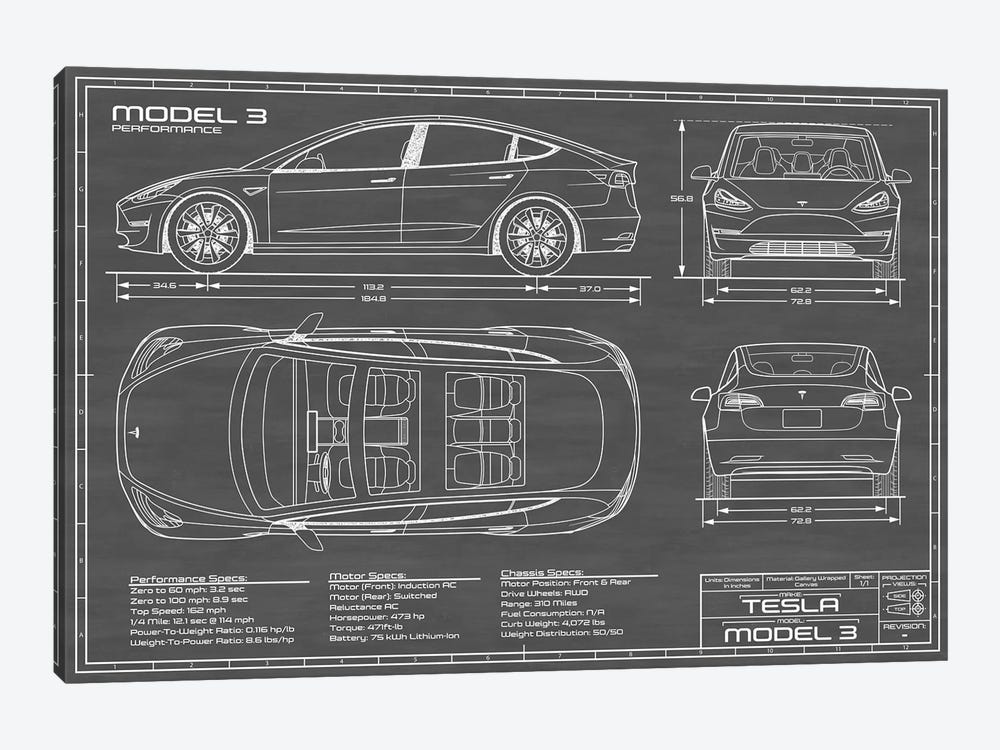 Tesla Model 3 (Performance) | Black by Action Blueprints 1-piece Canvas Wall Art