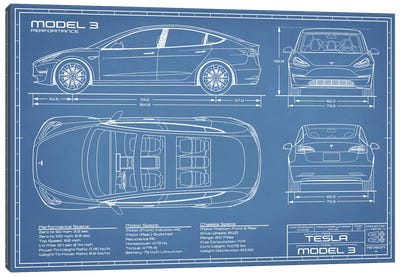 Tesla Model 3 (Performance) Blueprint Canvas Art Print - Cars By Brand