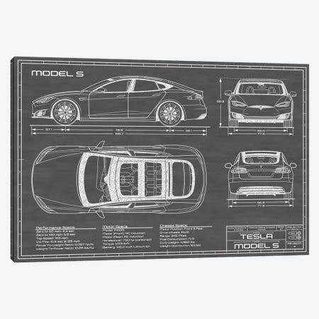 Tesla Model S (2016-2020) | Black Canvas Print #ABP67} by Action Blueprints Canvas Art Print