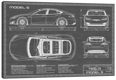 Tesla Model S (2016-2020) | Black Canvas Art Print - Blueprints & Patent Sketches