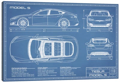 Tesla Model S (2016-2020) Blueprint Canvas Art Print - Automobile Art