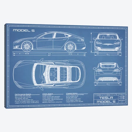 Tesla Model S (2016-2020) Blueprint Canvas Print #ABP68} by Action Blueprints Canvas Wall Art