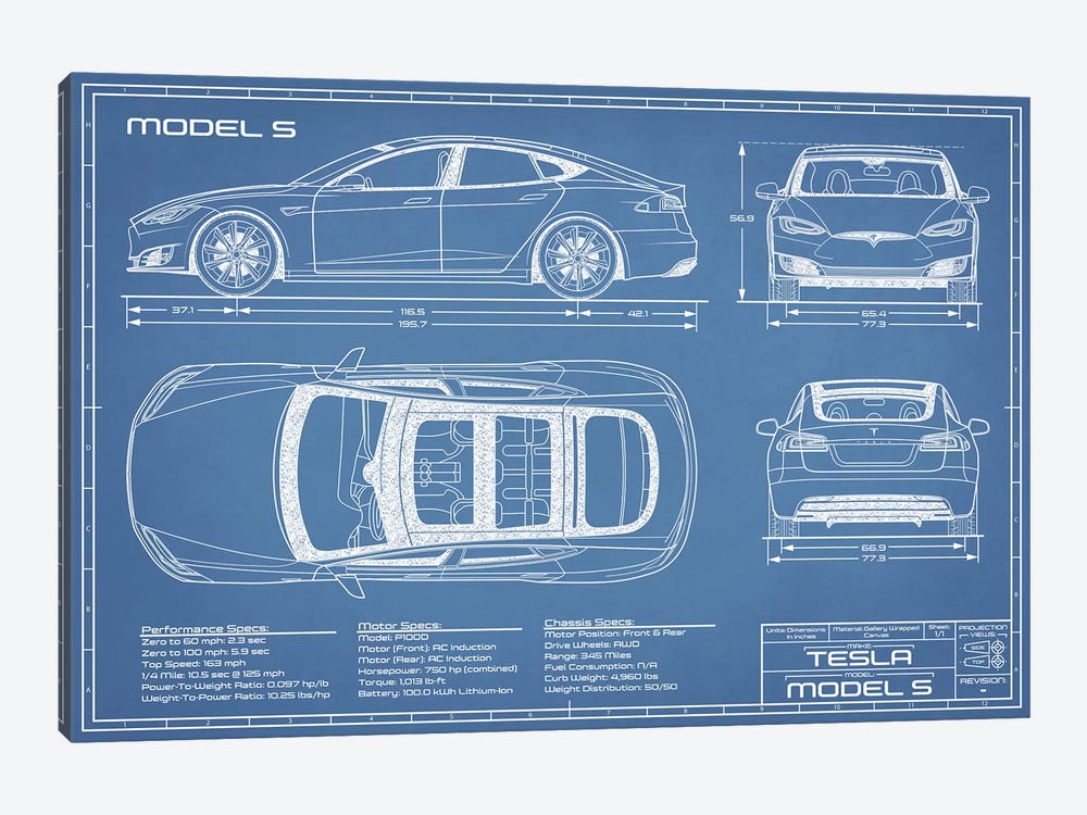 Tesla Model S (2016-2020) Blueprint by Action Blueprints 1-piece Art Print