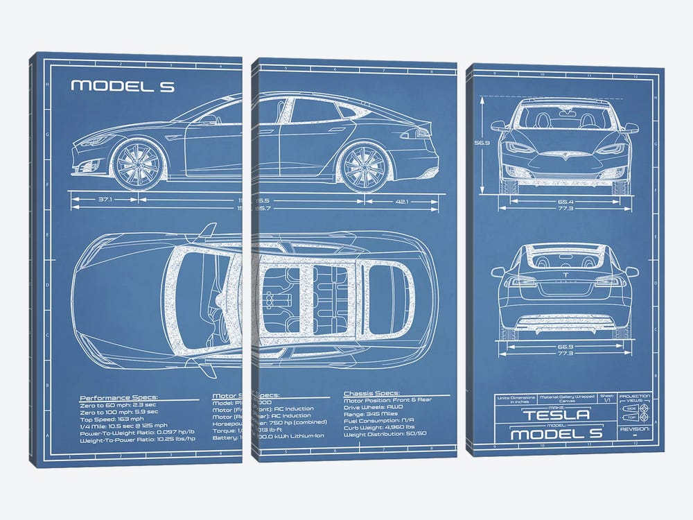 Tesla Model S (2016-2020) Blueprint by Action Blueprints 3-piece Canvas Art Print