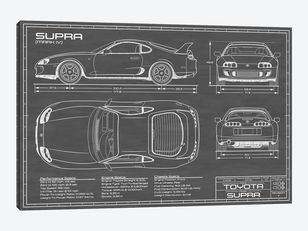 Toyota Supra MKIV | Black by Action Blueprints 1-piece Canvas Artwork