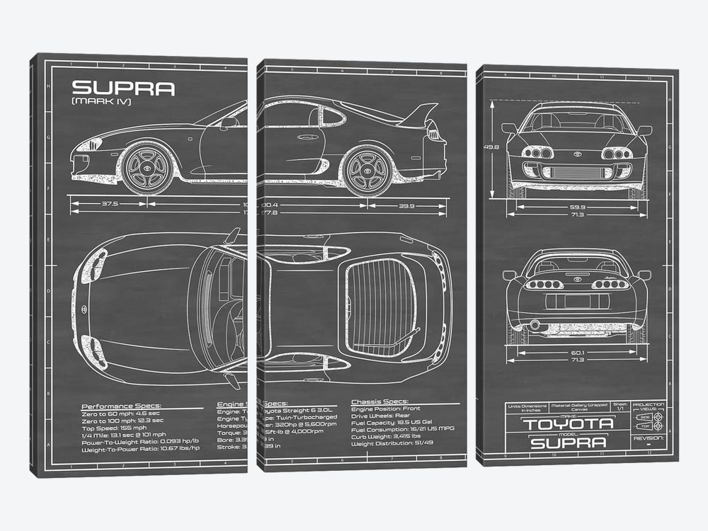 Toyota Supra MKIV | Black by Action Blueprints 3-piece Canvas Wall Art