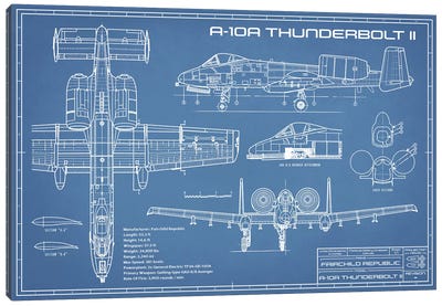 A-10 Thunderbolt II [Warthog] Airplane Blueprint Canvas Art Print - Military Aircraft Art