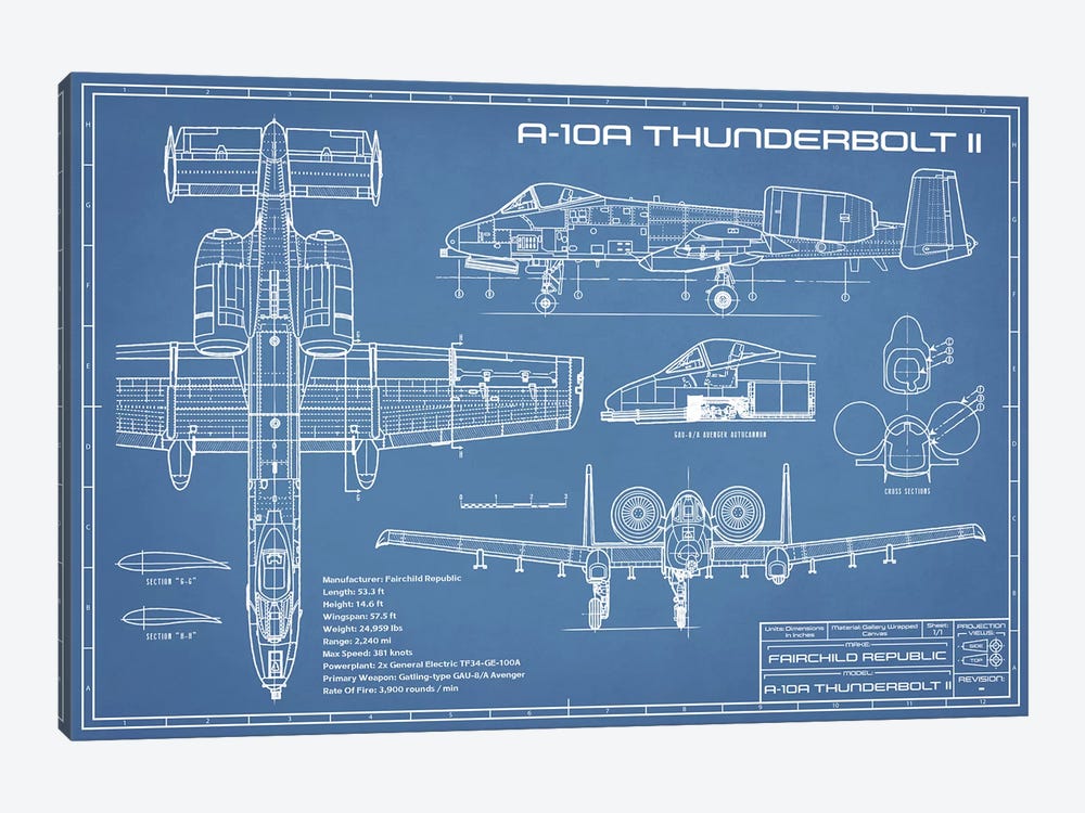 A-10 Thunderbolt II [Warthog] Airplane Blueprint by Action Blueprints 1-piece Canvas Art