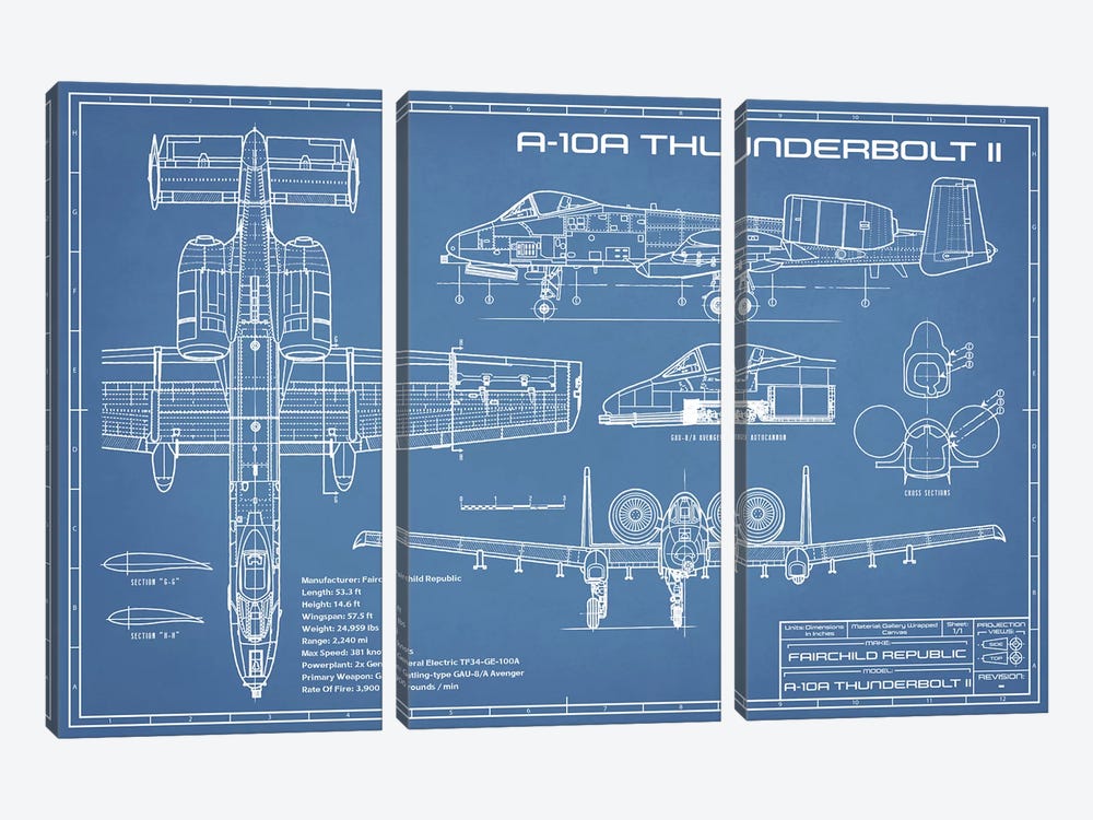 A-10 Thunderbolt II [Warthog] Airplane Blueprint by Action Blueprints 3-piece Canvas Art