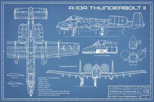 Blueprints & Patent Sketches: Blue Sketch A-10 Thunderbolt II [Warthog] Airplane by Action Blueprints