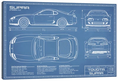 Toyota Supra MKIV Blueprint Canvas Art Print - Automobile Blueprints