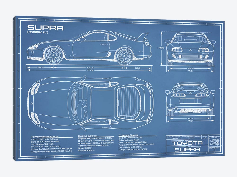 Toyota Supra MKIV Blueprint by Action Blueprints 1-piece Canvas Art
