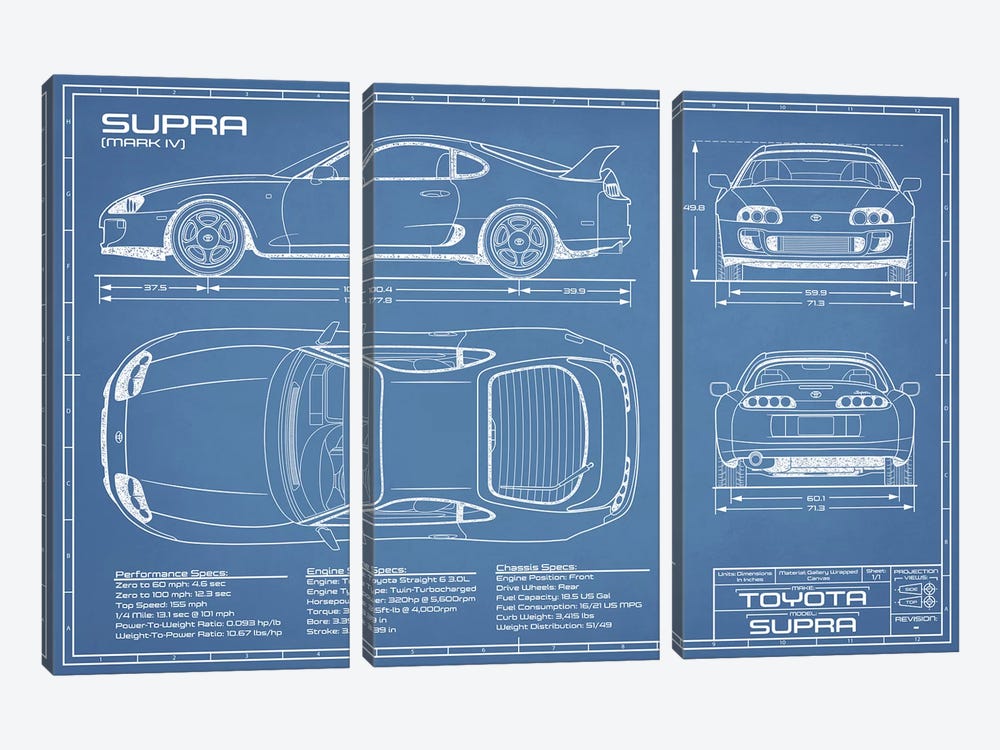 Toyota Supra MKIV Blueprint by Action Blueprints 3-piece Canvas Wall Art