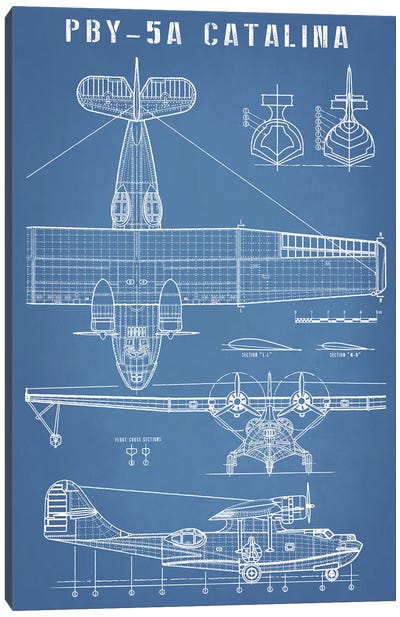 Vintage Seaplane Aircraft Blueprint Canvas Art Print - Aviation Blueprints