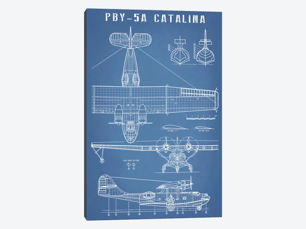 Vintage Seaplane Aircraft Blueprint by Action Blueprints 1-piece Canvas Wall Art