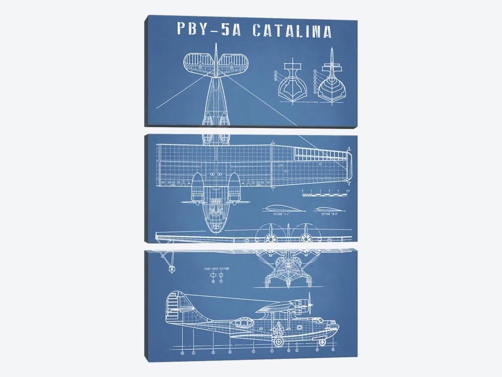 Vintage Seaplane Aircraft Blueprint by Action Blueprints 3-piece Canvas Wall Art
