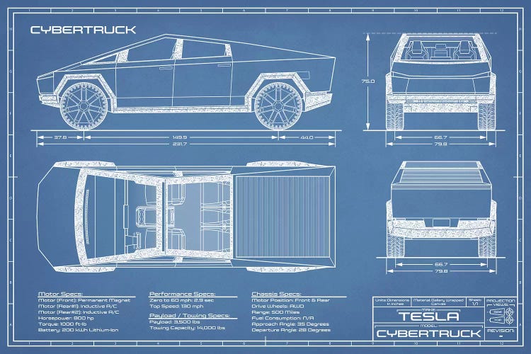 Tesla Cybertruck (2020-2022) Blueprint by Action Blueprints wall art