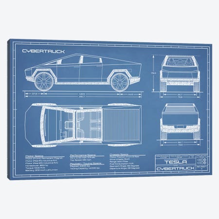 Tesla Cybertruck (2020-2022) Blueprint Canvas Print #ABP73} by Action Blueprints Canvas Print